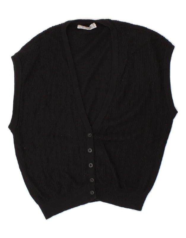 JAEGER Womens Sleeveless Cardigan Sweater UK 12 Medium Black Wool Solid Color Striped Floral Print JAEGER Womens Sleeveless Cardigan Sweater UK 12 Medium Black Wool Solid Color Striped Floral Print