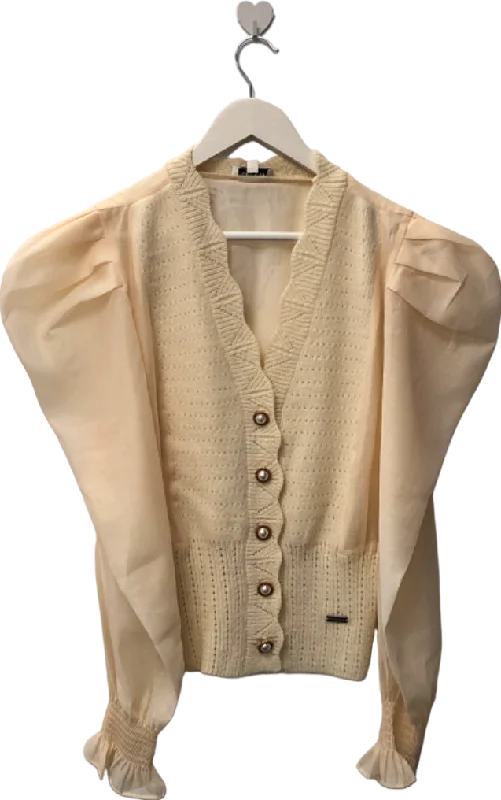 Jovonna Beige Puff Sleeve Cardigan UK S Striped Floral Plaid