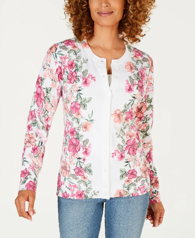Karen Scott Floral Print Cardigan Chenille Blend Fleece Blend Nylon Blend
