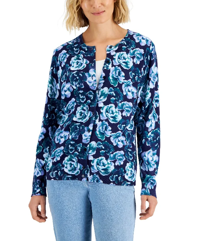 Karen Scott Womens Blossom Cardigan Embroidered Appliqued Beaded