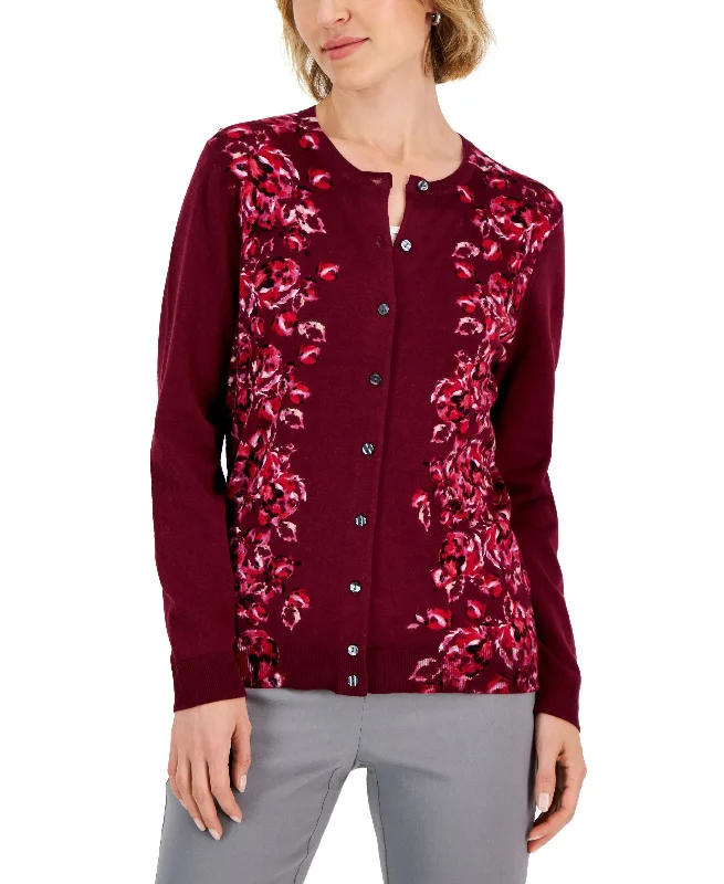 Karen Scott Womens Floral Print Cardigan Cardigan Silk Blend Satin Velvet