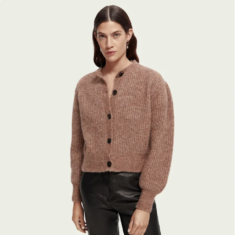 Knitted Crewneck Cardigan with Puffed Sleeves Stylish Fashionable Trendy