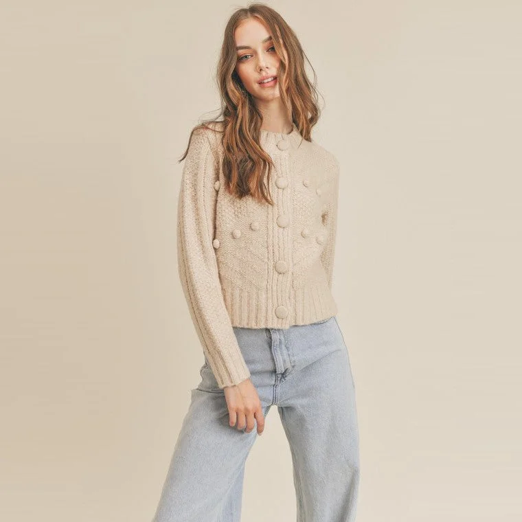 Long Sleeve Pompom Button Down Cardigan (Soy Milk) Fleece Cardigan Nylon Polyester