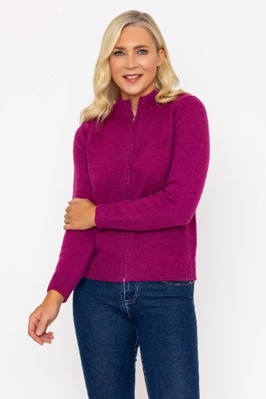 Magenta Pink Zip Up Knitted Cardigan Toggled Drawstring Belted