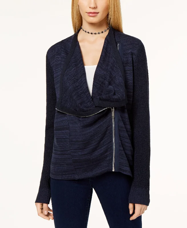 Mixed Knit Zip Front Cardigan Zippered Buttoned Snapped