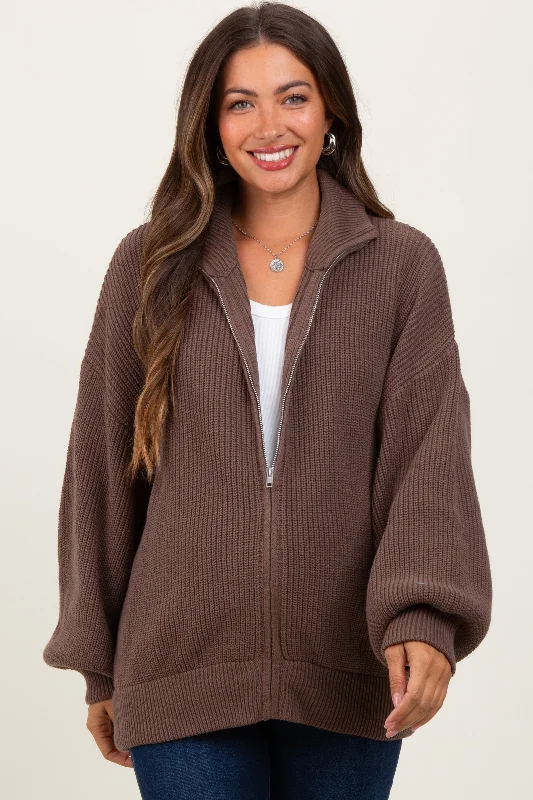 Mocha Oversized Zip Up Maternity Cardigan Velvet Chenille Corduroy