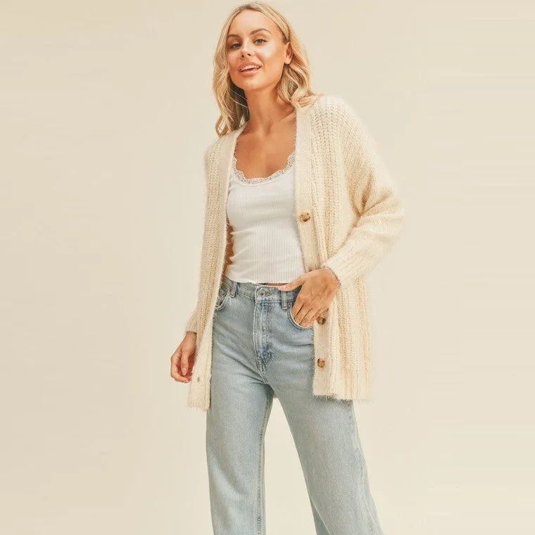 Mohair Blend Knit Cardigan (Cream) Nylon Fabric Polyester Fabric Spandex Fabric