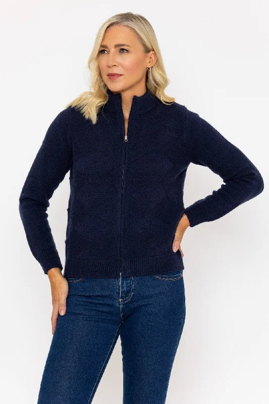 Navy Zip Up Knitted Cardigan Wool Cardigan Cotton Cardigan Cashmere Cardigan
