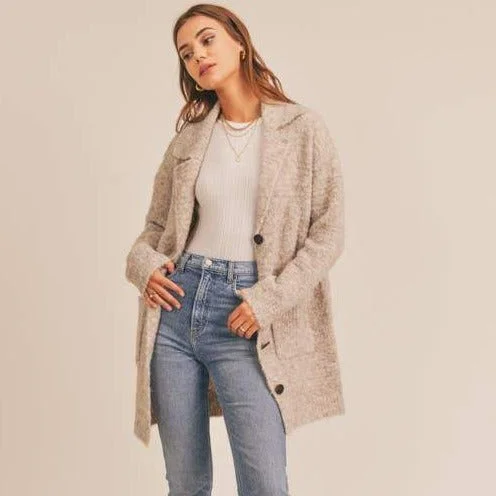Notched Collar Cardigan (Oatmeal) Fitted Loose Oversized