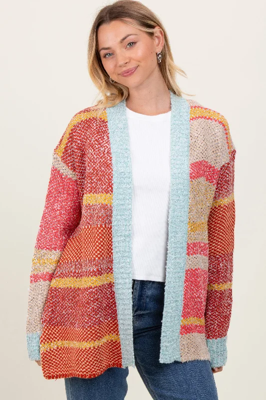 Orange Colorblock Stripe Oversized Open Cardigan Chenille Fabric Brocade Fabric Lace Fabric