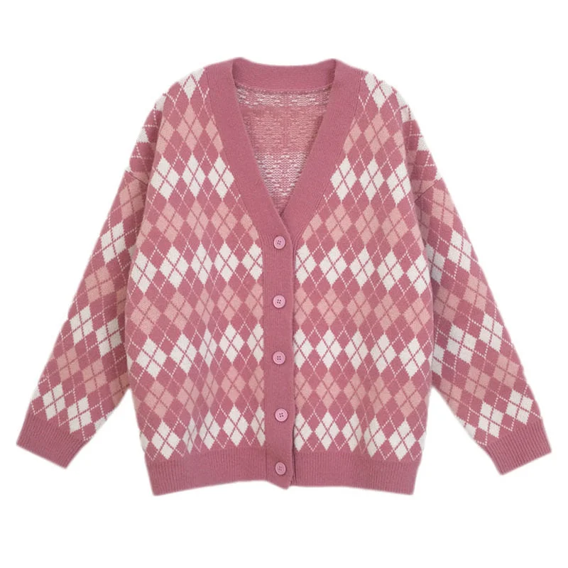 Pink Argyle Knit Cardigan Fitted Loose Oversized