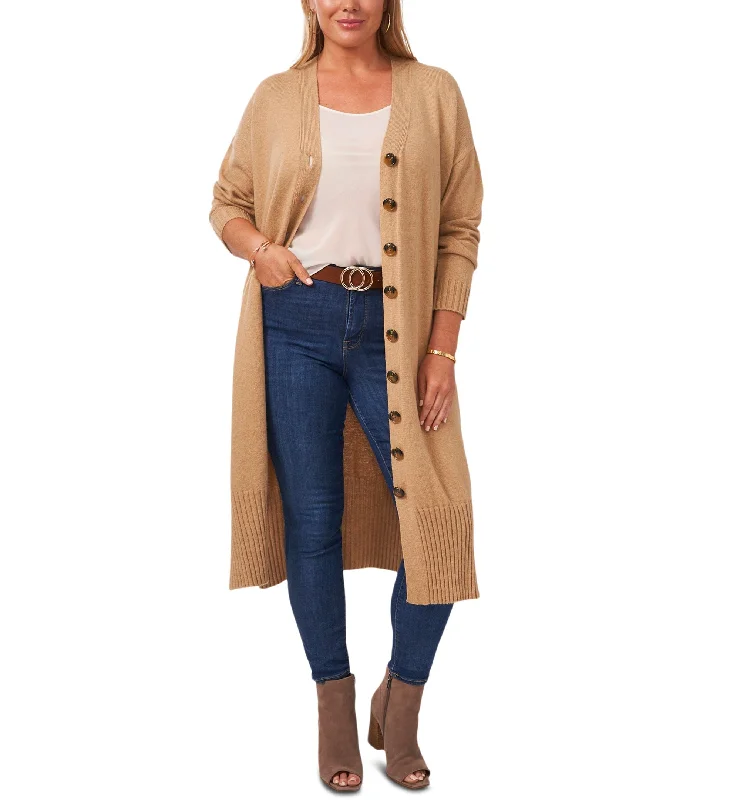 Plus Size Button-Front Duster Cardigan Satin Fabric Silk Fabric Chiffon Fabric