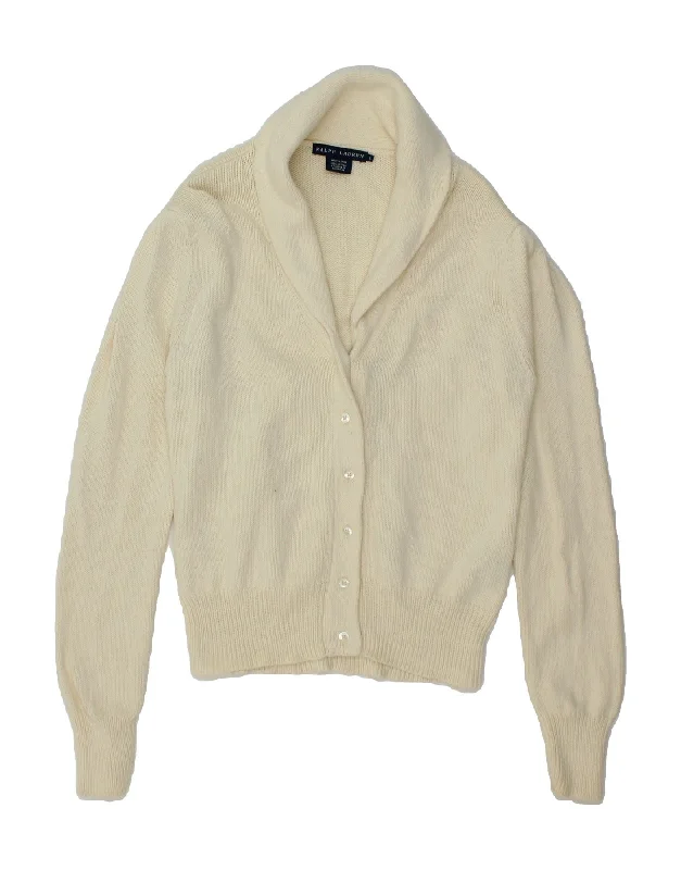 RALPH LAUREN Womens Cardigan Sweater UK 14 Large Off White Cotton Long Cardigan Short Cardigan Medium Cardigan