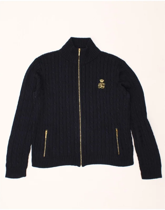 RALPH LAUREN Womens Cardigan Sweater UK 16 Large Navy Blue Cotton Ribbed Striped Patterned RALPH LAUREN Womens Cardigan Sweater UK 16 Large Navy Blue Cotton Ribbed Striped Patterned