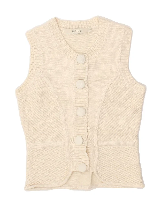 REISS Womens Crop Sleeveless Cardigan Sweater UK 6 XS Off White Wool Silk Blend Satin Velvet REISS Womens Crop Sleeveless Cardigan Sweater UK 6 XS Off White Wool Silk Blend Satin Velvet