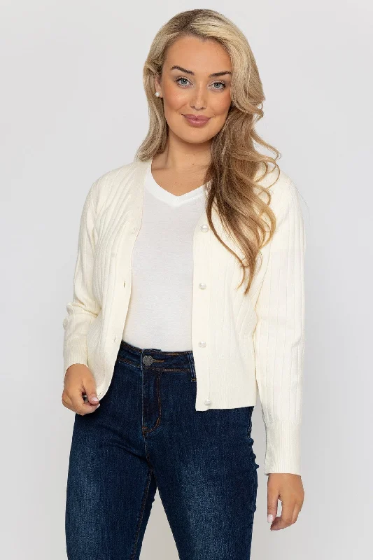 Rib Crop Cardigan in Ecru Collared Crew Neck Turtle Neck