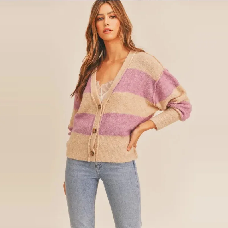 Striped Button Down Cardigan (Beige Lilac) Casual Formal Business