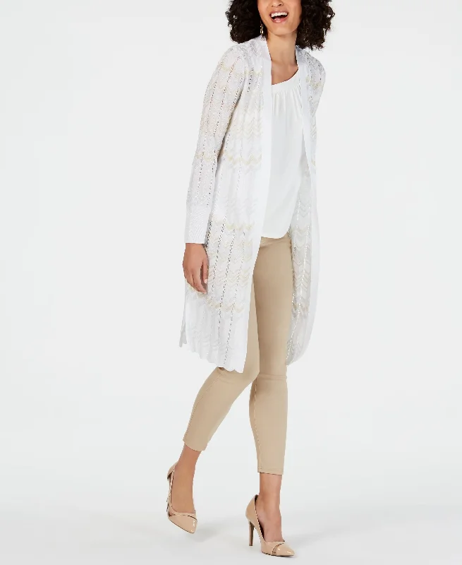 Pointelle-Knit Duster Cardigan Herringbone Houndstooth Plaid