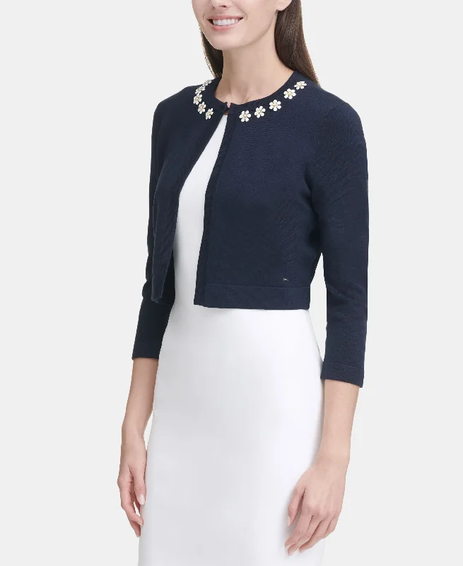 Tommy Hilfiger Floral Embellished Cardigan Seamless Knitted Crochet