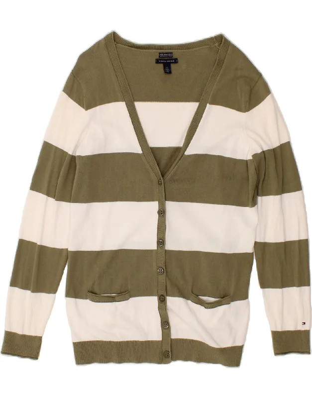TOMMY HILFIGER Womens Cardigan Sweater UK 16 Large Green Striped Cotton Thin Thick Dense TOMMY HILFIGER Womens Cardigan Sweater UK 16 Large Green Striped Cotton Thin Thick Dense