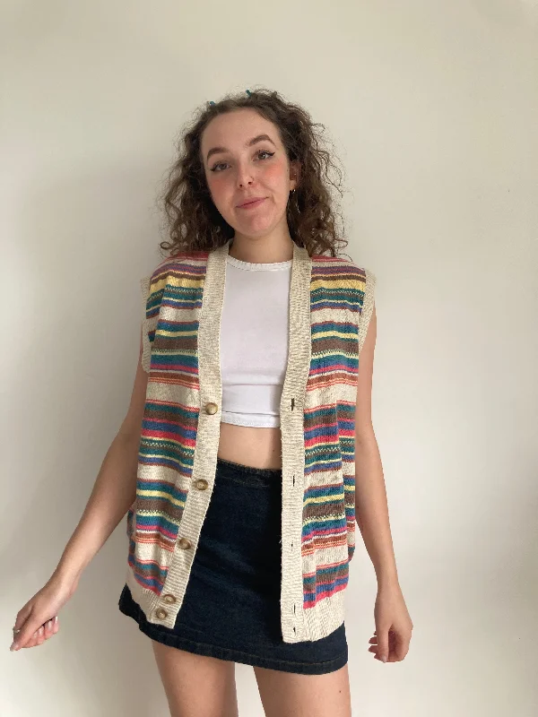 Vintage Striped Sweater Cardigan (L) Fleece Fabric Down Fabric Feather Fabric