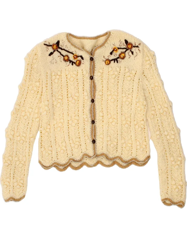 VINTAGE Womens Crop Cardigan Sweater UK 14 Medium Beige Floral Cashmere Blend Cotton Blend Poly Blend VINTAGE Womens Crop Cardigan Sweater UK 14 Medium Beige Floral Cashmere Blend Cotton Blend Poly Blend