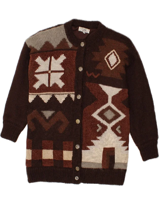 VINTAGE Womens Longline Cardigan Sweater UK 14 Medium Brown Fair Isle Fleece Fabric Down Fabric Feather Fabric VINTAGE Womens Longline Cardigan Sweater UK 14 Medium Brown Fair Isle Fleece Fabric Down Fabric Feather Fabric