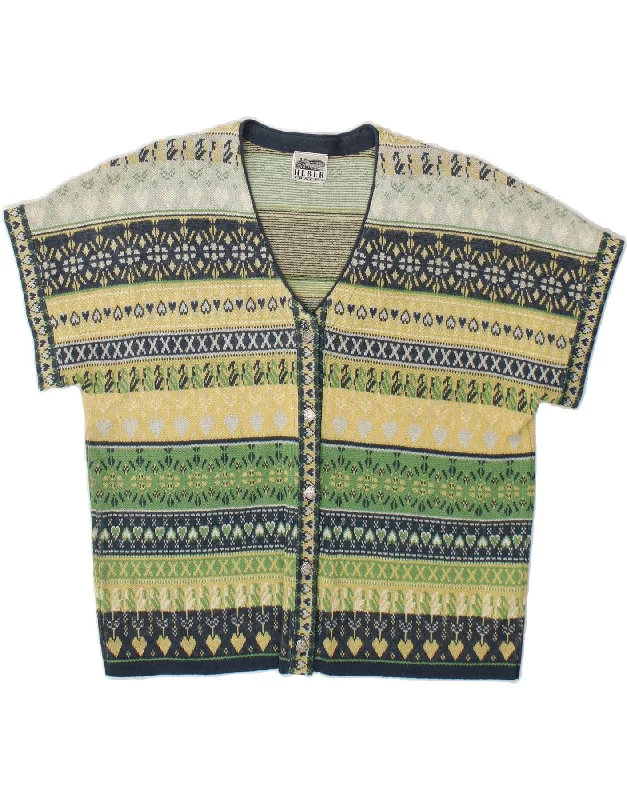 VINTAGE Womens Short Sleeve Cardigan Sweater UK 16 Large Green Fair Isle Real Fur Shearling Chenille VINTAGE Womens Short Sleeve Cardigan Sweater UK 16 Large Green Fair Isle Real Fur Shearling Chenille