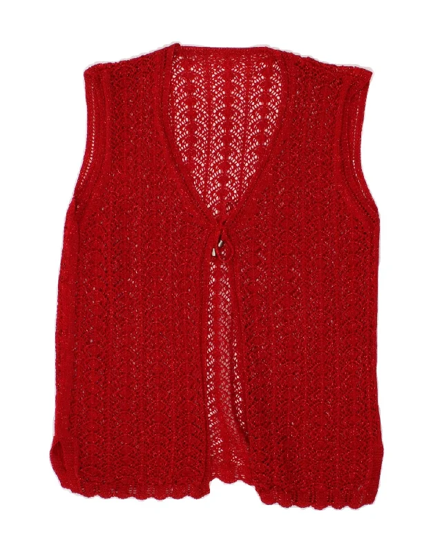 VINTAGE Womens Sleeveless Crochet Cardigan Sweater UK 14 Medium Red Sequined Glittery Shiny