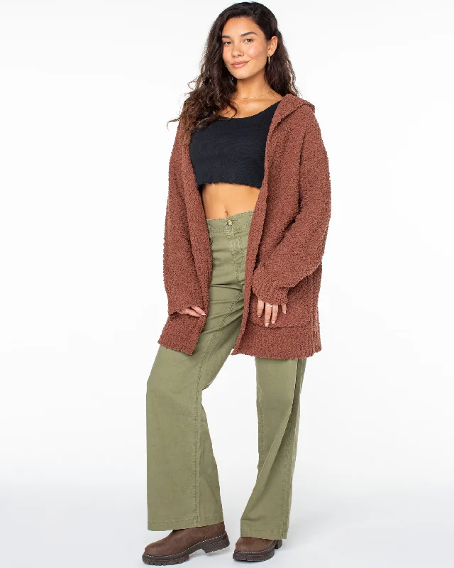 Weekend Retreat Open Front Hooded Cardigan - Russet Tailored Straight A-Line