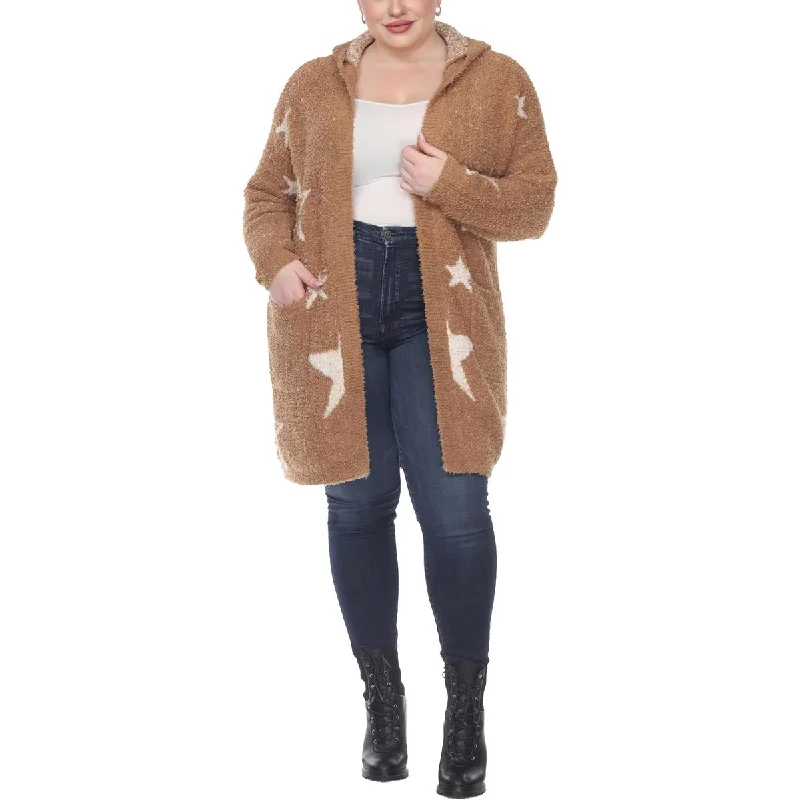 White Mark Womens Plus Sherpa Hooded Cardigan Sweater Glossy Satin Silk