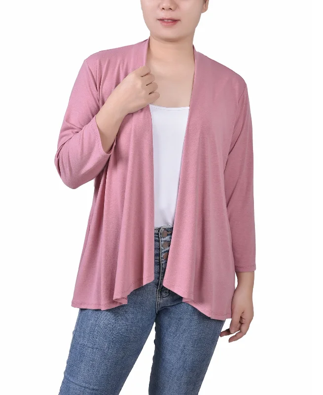 Women's Solid 3/4 Sleeve Cardigan Welt Pockets Slit Pockets Flap Pockets